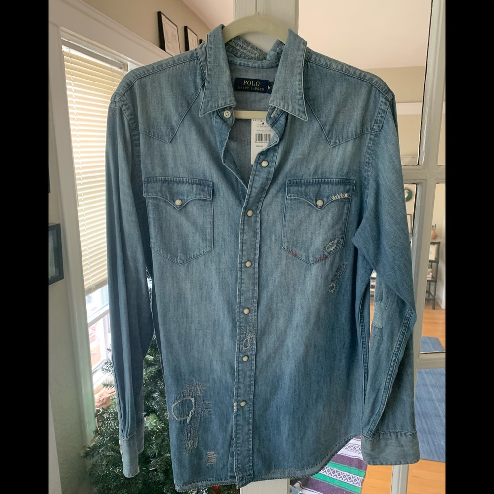 Polo Ralph Lauren Distressed Denim Button Up with Embroidery Detail